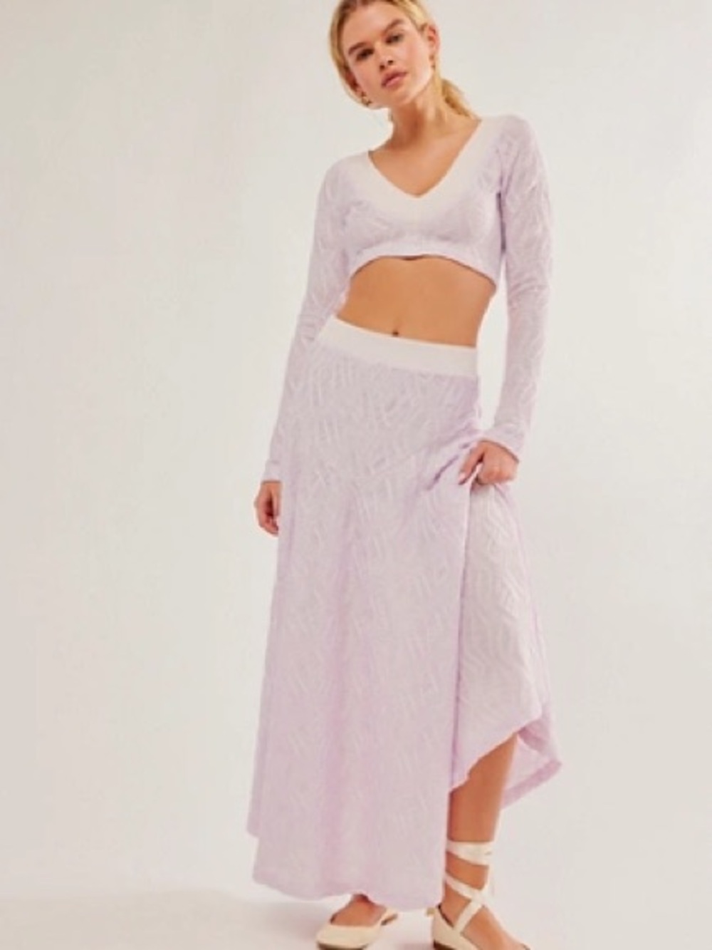 Free People Orchid Ice Textured Maxi Skirt and cropped top.